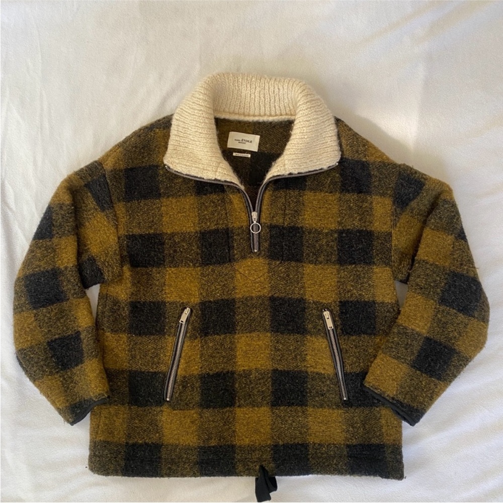 Isabel Marant Etoile Marner Fleece Yellow and Black Plaid Wool Pullover Half-Zip